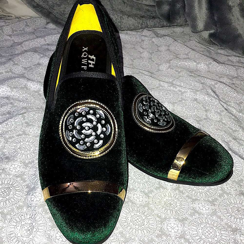 Green and gold dress shoe loafers